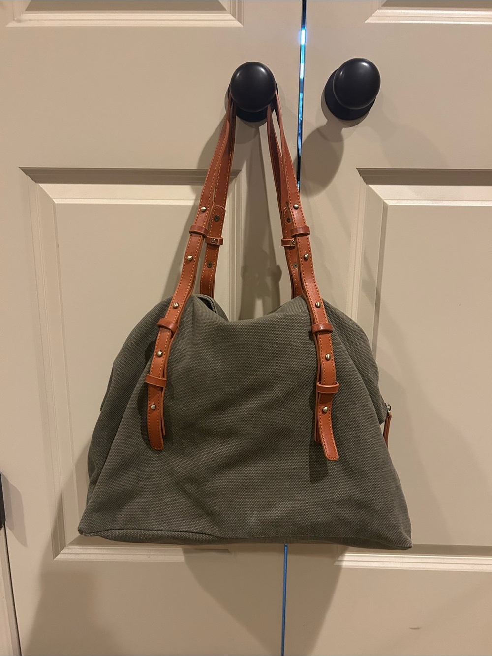 Street Level Canvas Shoulder Tote with brown Straps - Olive
